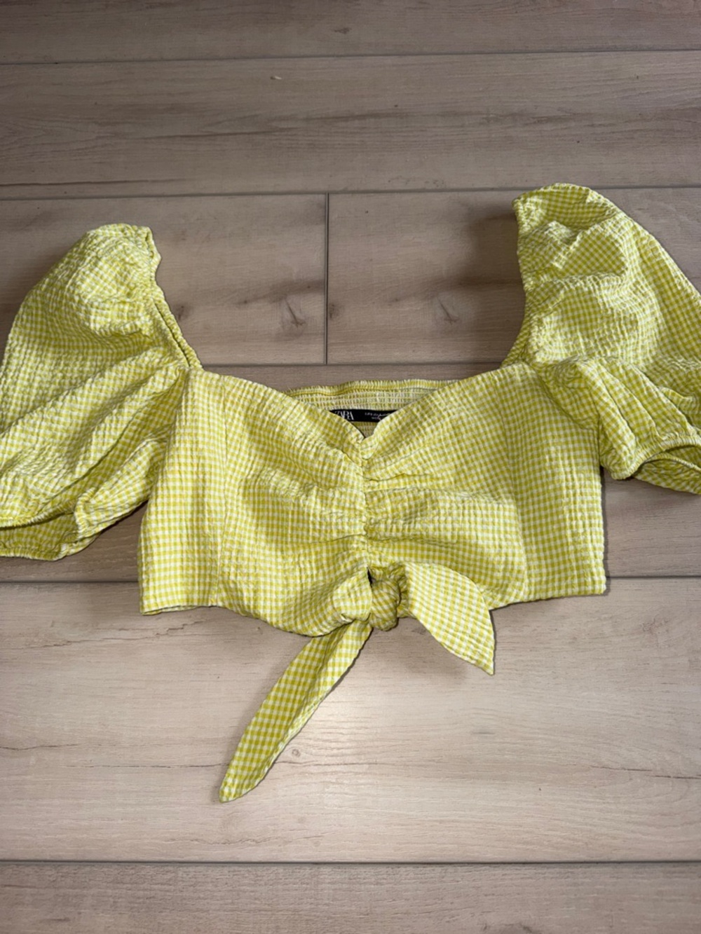 Zara Yellow Gingham Tie-Front Puff Sleeve Crop Top